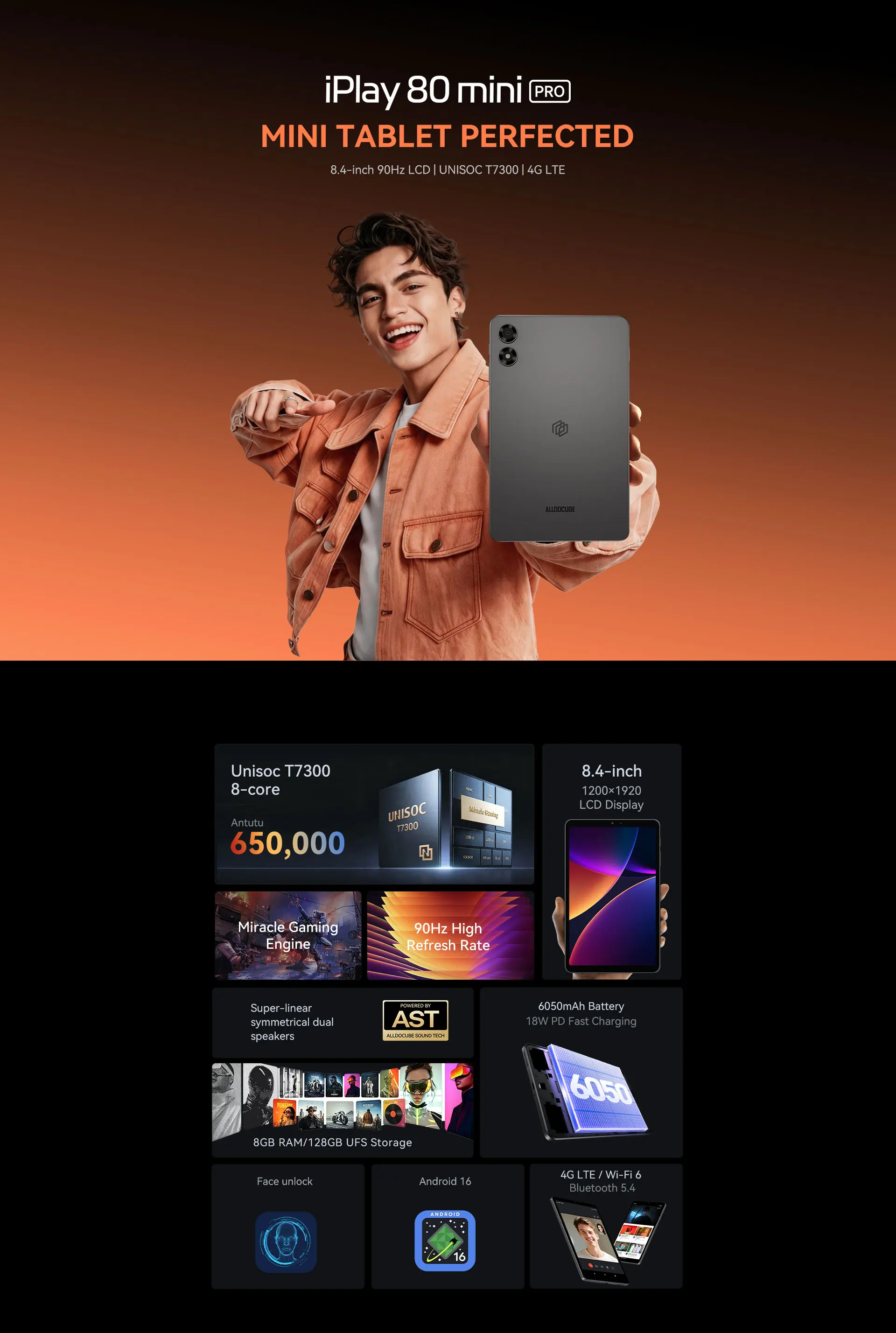 ALLDOCUBE iPlay 80 mini Pro Tablet 8,4'' 90Hz UNISOC T7300 16GB (8GB+8GB virtuell) RAM 128GB ROM Android 16 6050mAh 4G LTE Tablet – Detail 2