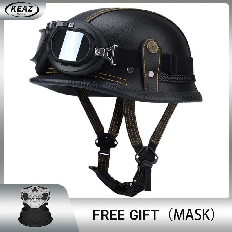 

Factory Price Motorcycle German Style Leather Half Face Helmet DOT Approved Cap1/2 Shell Helmets+Goggles Open-Face Casque