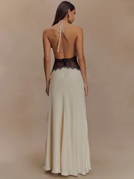 Mozision Summer Backless Sexy Maxi Dress Women Gown Patchwork Lace Halter Deep V Neck Sleeveless High Waist Elegant Long Dress 3