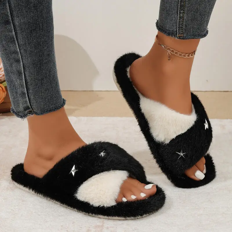 Fashion Metal Star Decoration Fluffy Fur Indoor Slippers Women Winter 2026 Furry Cross Strap Home Slippers Women Plush Slides