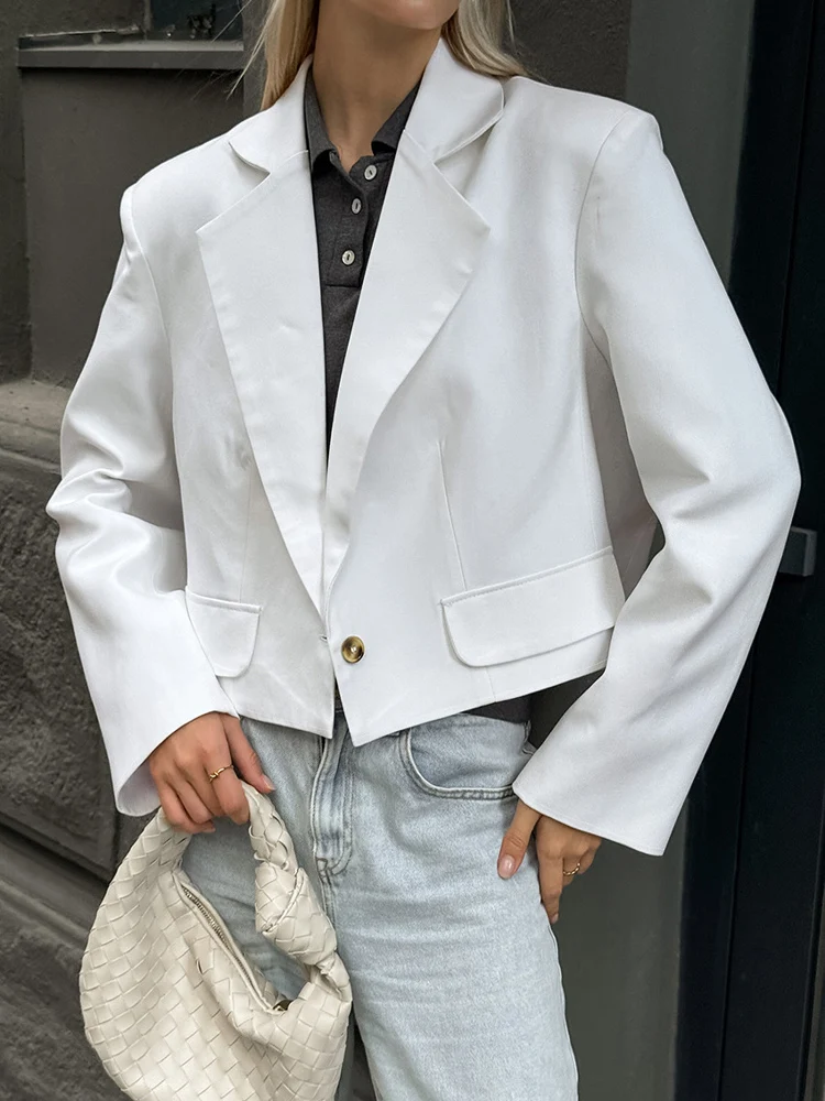 

New Autumn Casual Solid Lapel Long Sleeve Single Button Women Cropped Blazers, Elegant Office Lady Chic Suit Jacket Coat Tops