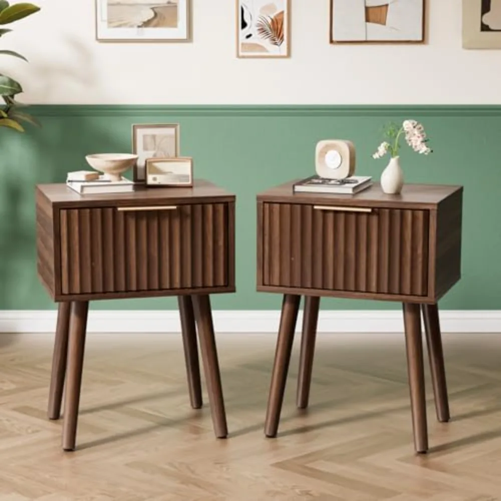 Night Stand Set 2, Fluted Nightstands with Drawer, Mid Century Modern Nightstands Set of 2, Bedside Table, End Table