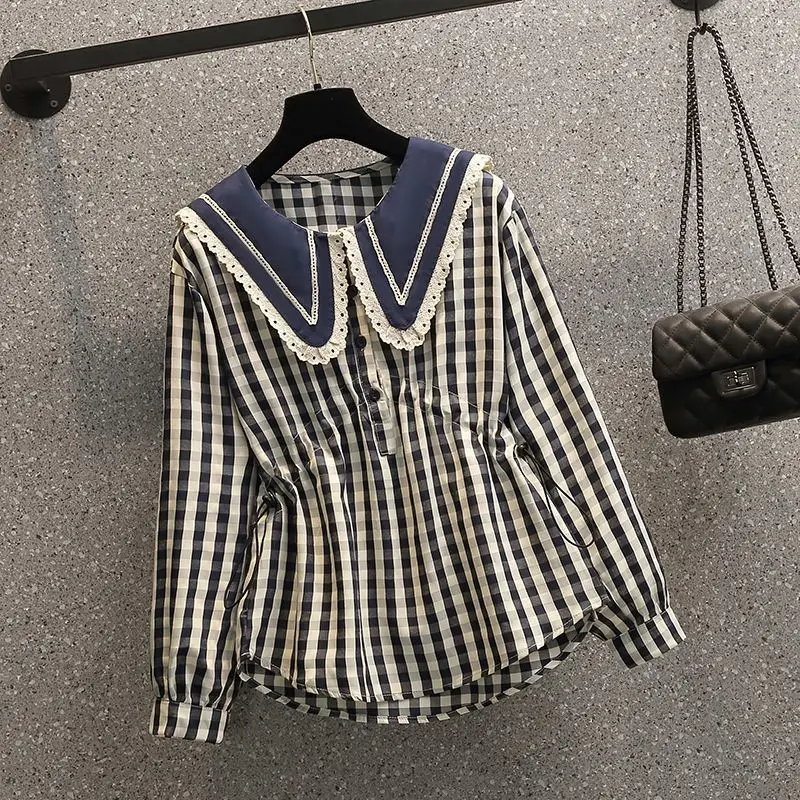 2023 Sweet Peter Pan Collar Plaid Blouse Spring Autumn Long Sleeve Female Clothing Spliced Commute Stylish Button Shirring Shirt