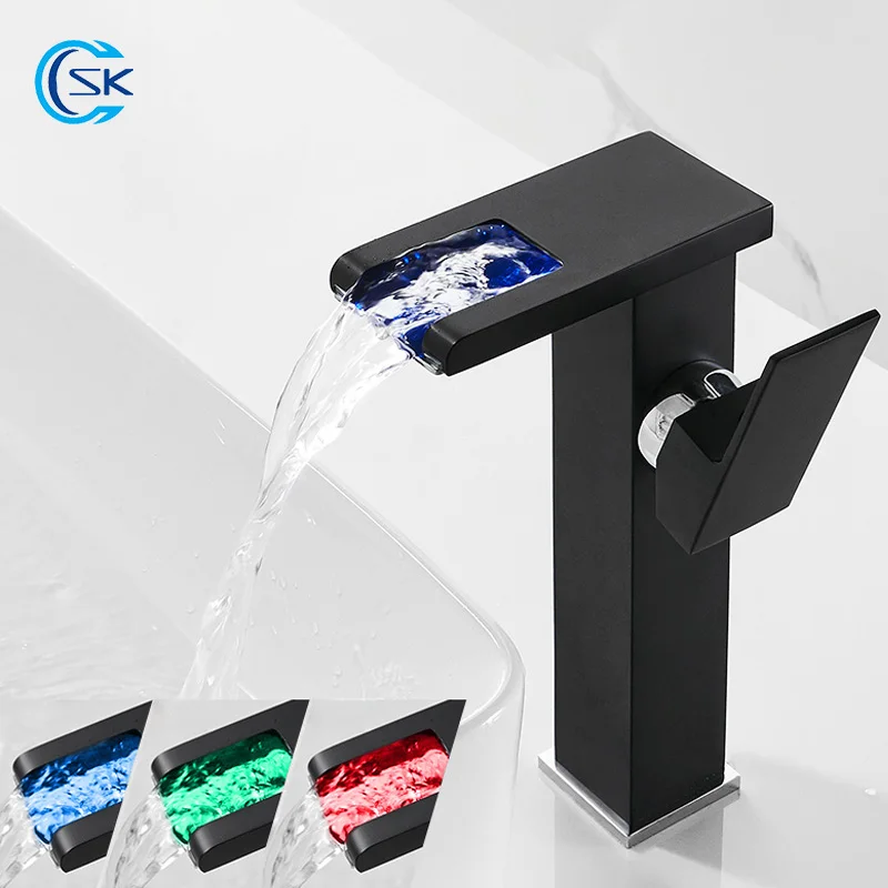 

Black LED Waterfall Bathroom Faucet Tall Short Color Change Basin Faucet Brass Cold Hot Water Mixer Tap Single Hole Sink Faucet