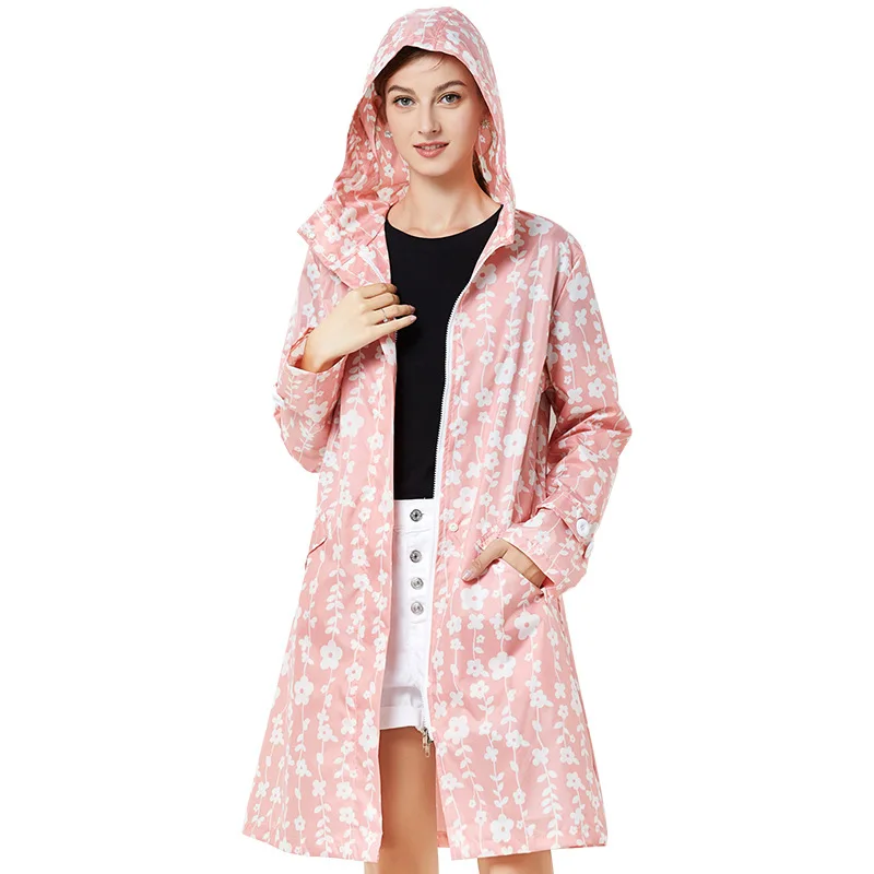 Fashion Women Lightweight Flower Raincoat Poncho Ladies Waterproof Long Rain Coat Adults Outdoor Walking Windproof Rainwear