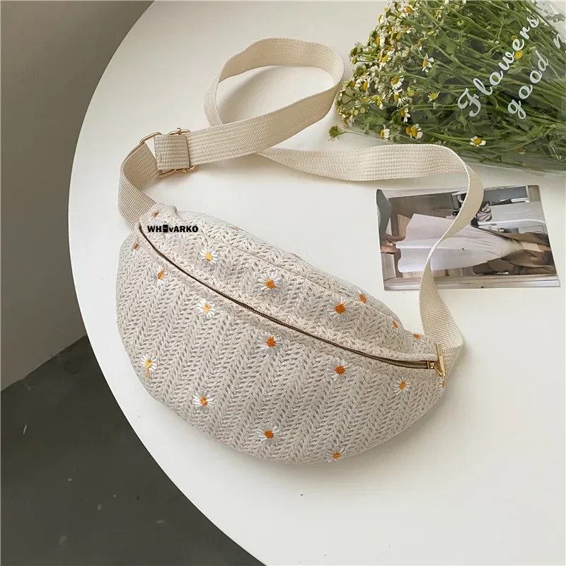 Riñonera tejida de paja para mujer, bolsos de hombro tipo bandolera, paquete de verano, bolso de pecho para mujer, bolsos de encaje con margaritas