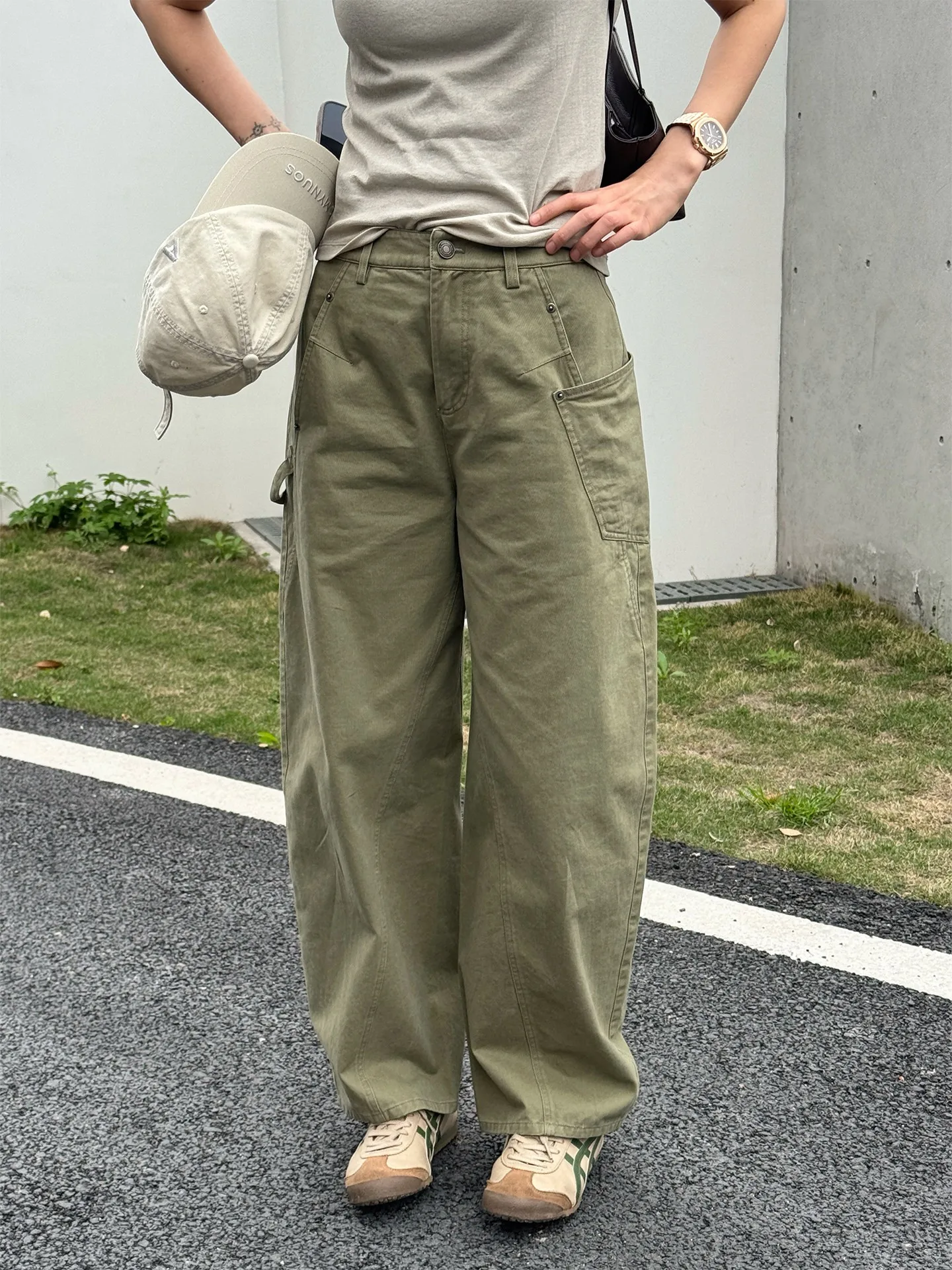 

Модные женские повседневные брюки прямого кроя цвета хаки в стиле рабочей одежды, с натуральной талией, на пуговицах, из хлопка