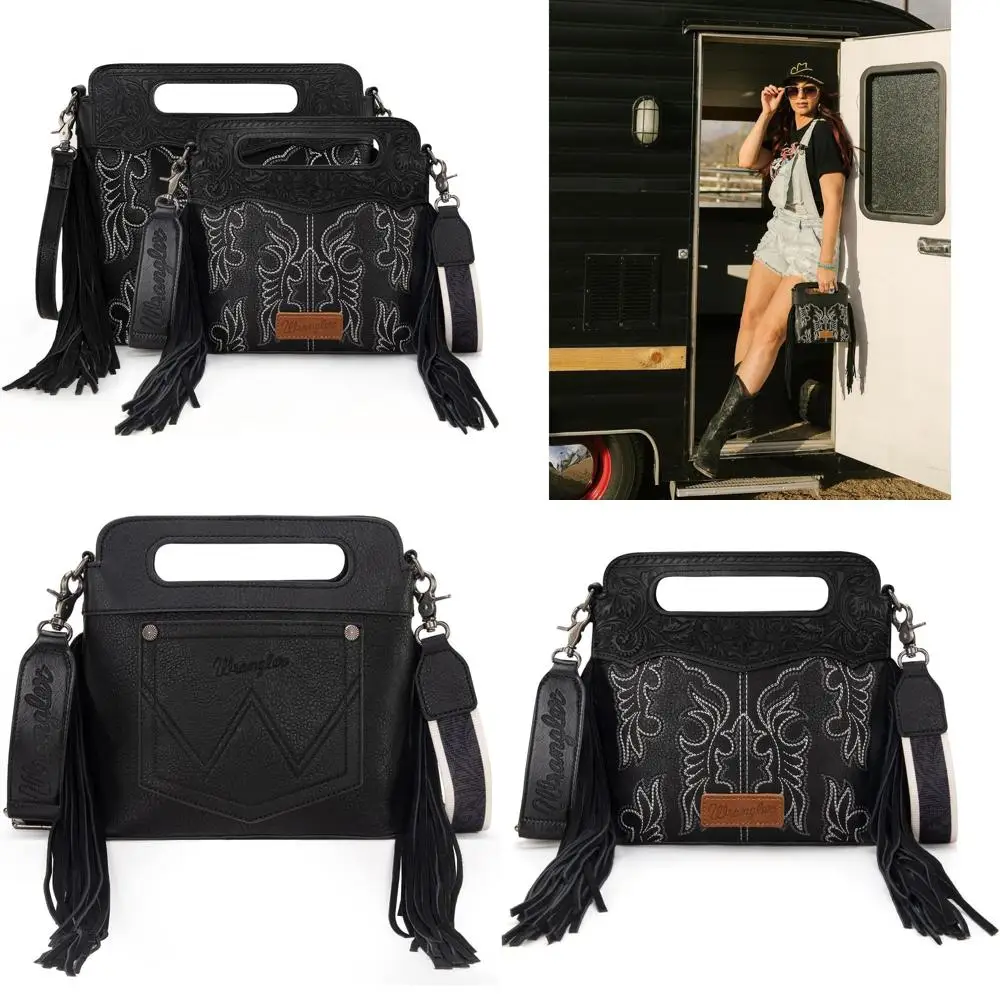 

Женская сумка через плечо с бахромой и верхней ручкой в стиле вестерн — стиль ботинок с прокруткой