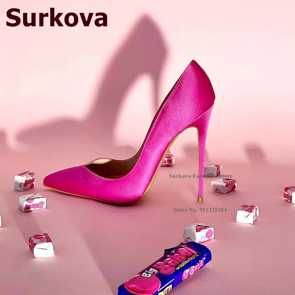 Surkova Pink Satin Cloth V-cut Shallow Pumps 12cm 10cm 8cm Thin High Heel Pointed Toe Dress Shoes Slip-on Wedding Heels Size45