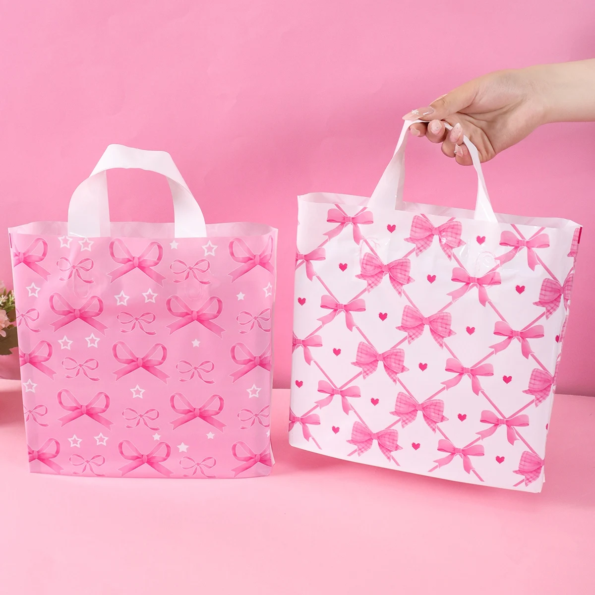 6 Stück rosa Geschenktüten mit Schleifen-Design, Kunststoff-Tragetaschen für Hochzeit, Brautparty, Junggesellinnenabschied, Geburtstagsfeier-Zubehör