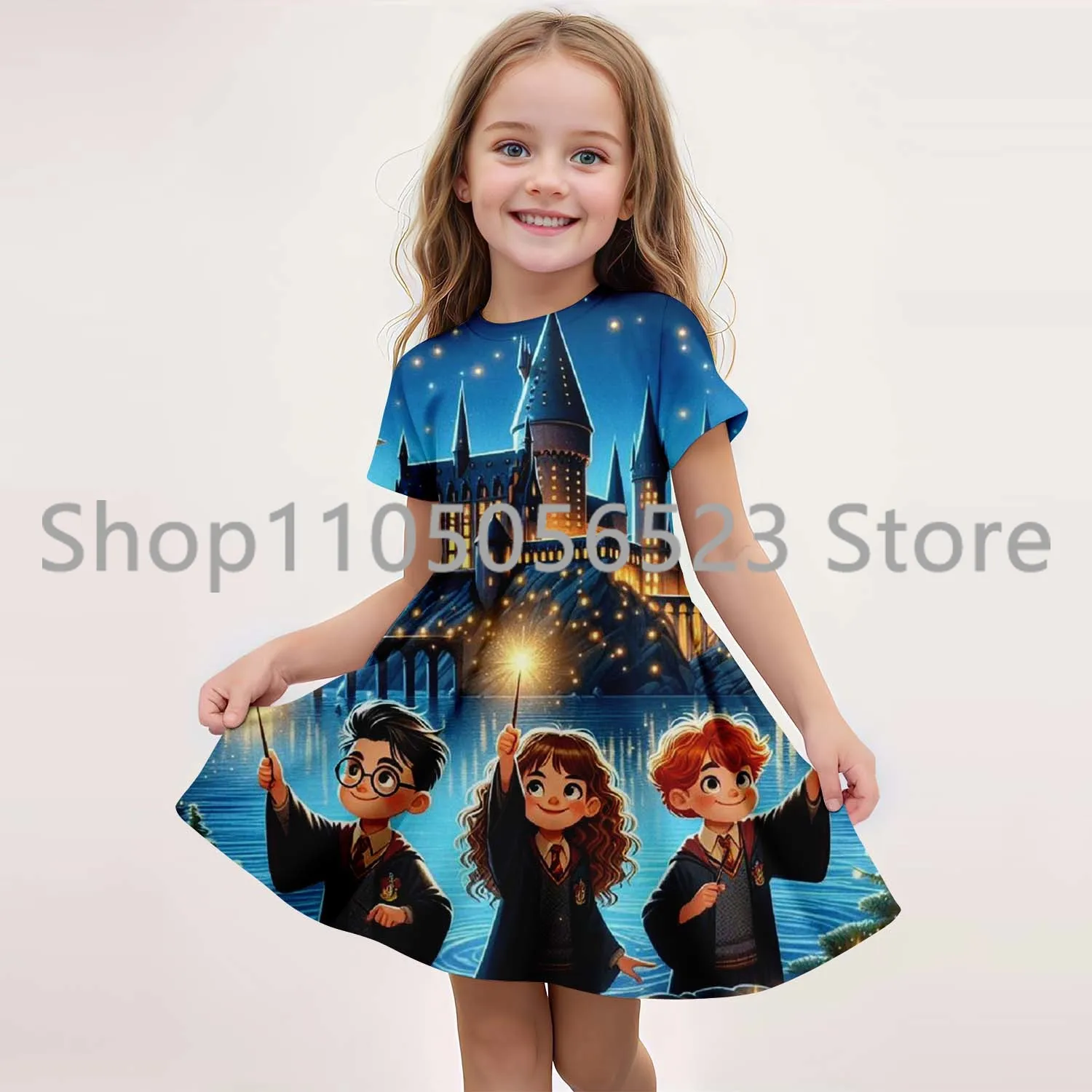 

MINISO New Summer Girls Dress Fashion Cartoon Cute Harry Potter 3D Printing Dress Kid Short Sleeve Princess Clothing