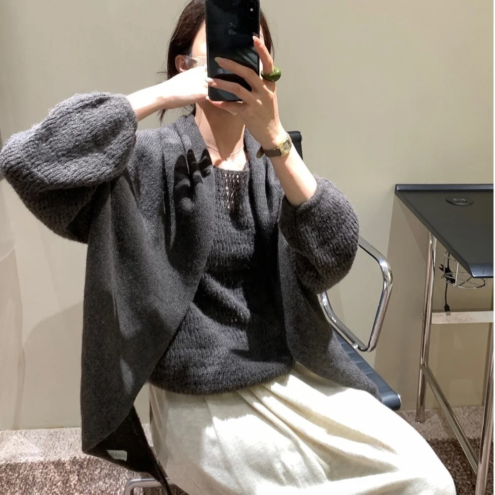 

Корейский шикарный вязаный свободный топ V-Ne Long Sve с шилом, комплект из двух предметов, женский модный осенне-зимний простой ленивый сарафан