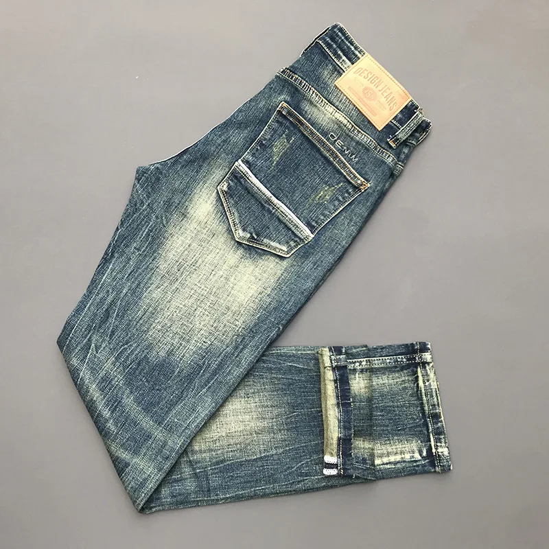 High-end retro jeans men's 2024 New Fashion Street slim fit skinny fashion wash thick distressed motorcycle long pants