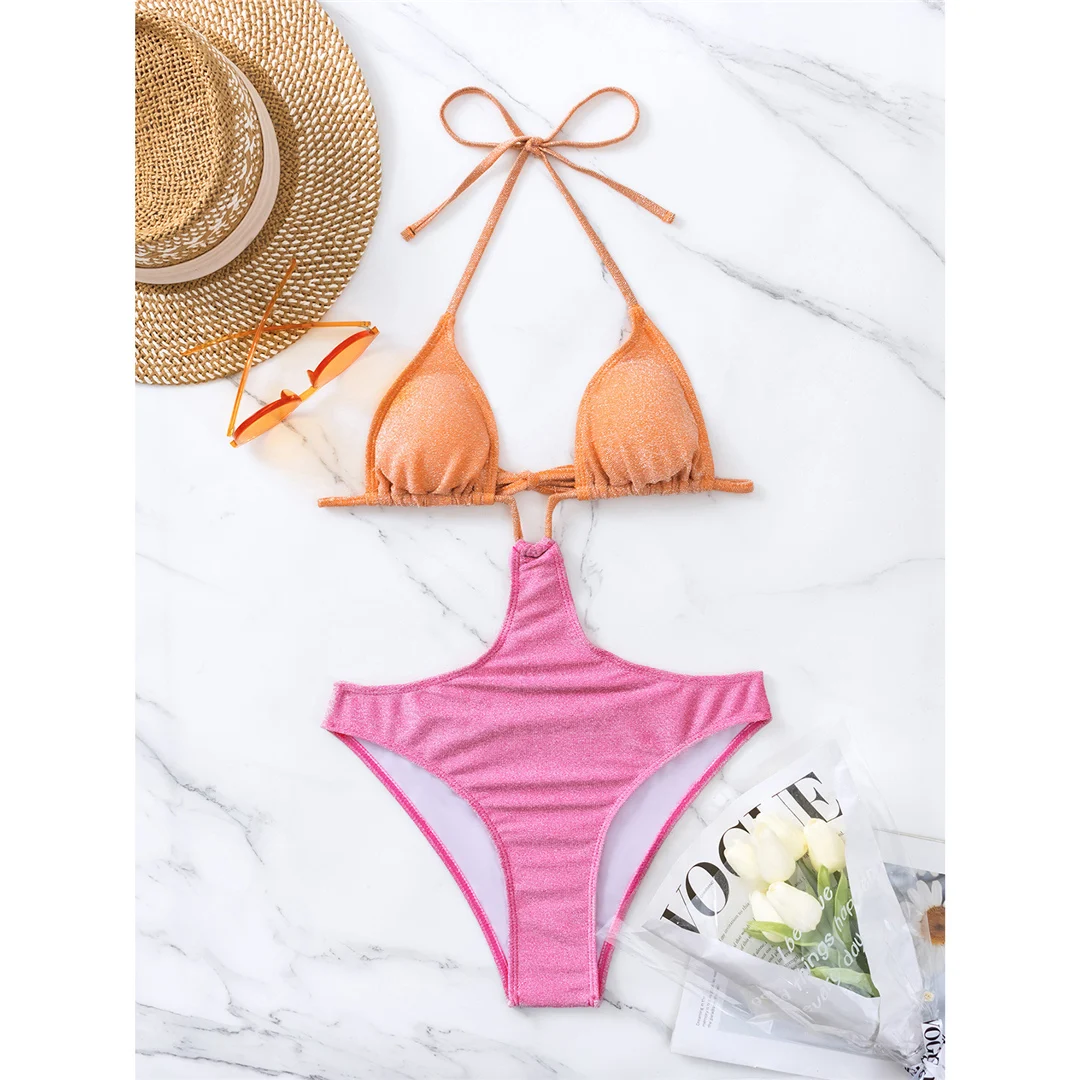 S - XL Glänzender, glitzernder, funkelnder, gespleißter Neckholder-Badeanzug für Damen, einteiliger Badeanzug, Damen-Badebekleidung, Badeanzug, Schwimmanzug V4660SW – Detail 12