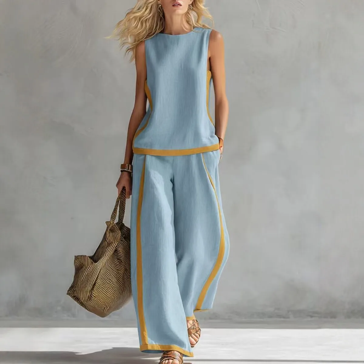 Simple Stripe Print Women's Suits Summer Fashion Sleeveless Loose Blouse Wide Leg Pants Two Piece Set For Women Casual Outfits