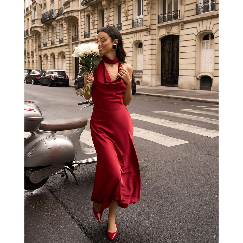 

Elegant Burgundy Backless Pearls Evening Dresses A-Line Ankle Length Soft Satin Formal Occasion Dress Saudi Arabic Customized