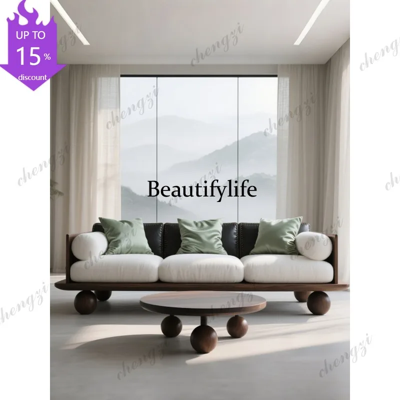 M182 Wabi Sandy Wind Solid Wood Sofa New Medieval Living Room Modern Simple Three-person Straight Row