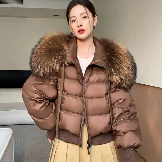 'Fashionable Elite' raccoon fur collar goose down down jacket fur coat short young 2023 new winter coat