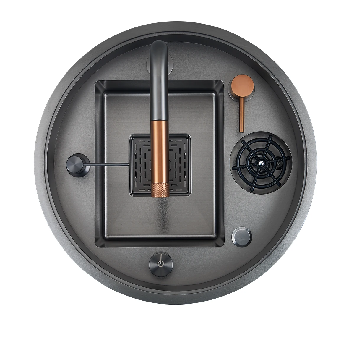 小型丸型手作りステンレス製ワークステーションシンク、カップウォッシャー付き隠しキッチンバーシンク