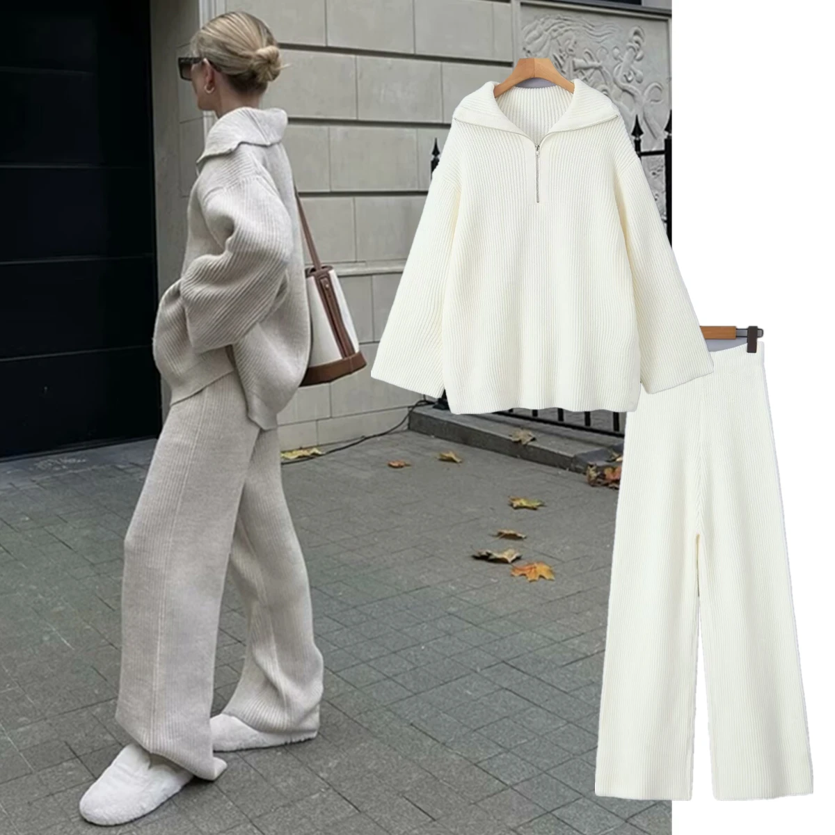 

Dave&Di Autumn Winter Nordic Minimalist Turtleneck Pullover Sweater High Waisted Straight Leg Pants Casual Knitted Set Women