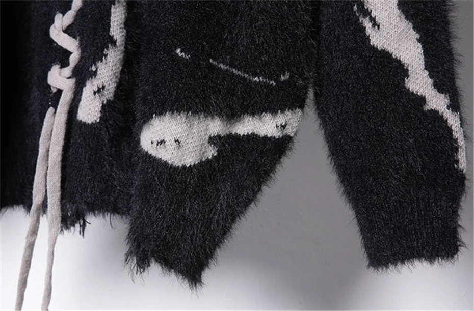 Mens Knitted Turtleneck Sweater Streetwear Hip Hop Color Block Pullover Men Oversized Harajuku Ribbon Decoration Casual Sweaters