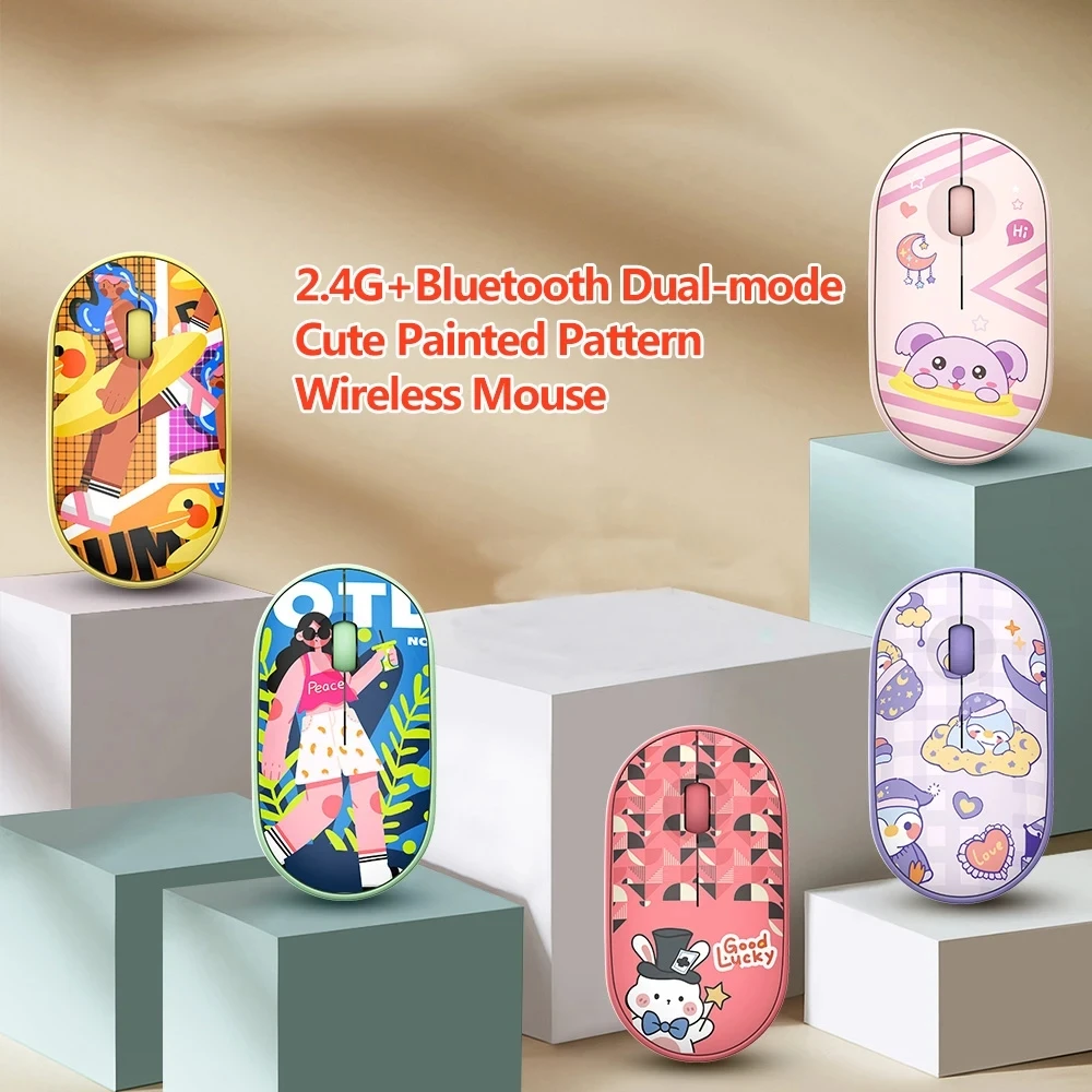 

Cute Mini Cartoon Wireless Mouse 2.4G+Bluetooth Dual Mode Optical Mute Mice Ultra-Thin For Mouse Gamers Long Battery Life PC