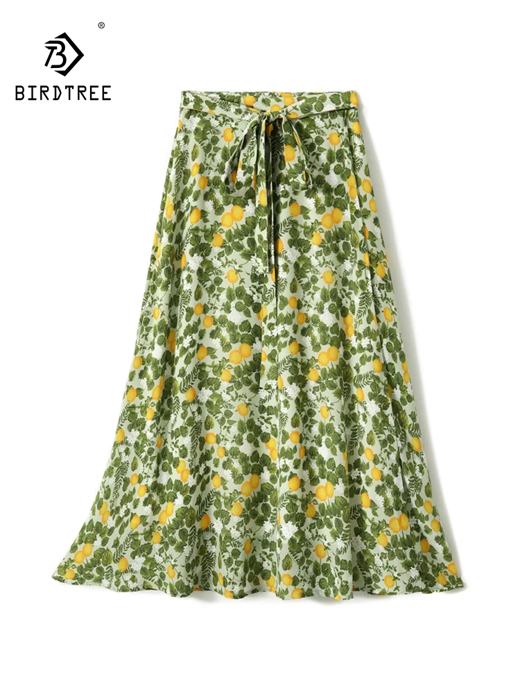 

BirdTree, 100%Mulberry Silk Elegant Skirts, Women High Waist Printed, French Prairie Chic Skirt, 2024 Summer Autumn B48660QC