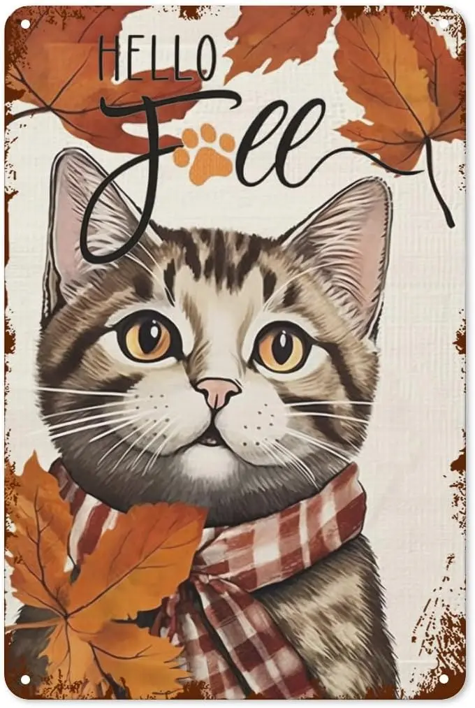 Thanksgiving Day Hallo Fall Cat Metal Tin Sign Vintage Retro Aluminum Sign Rustic Wall Decor For Home Kitchen Dining Room 8x12 I