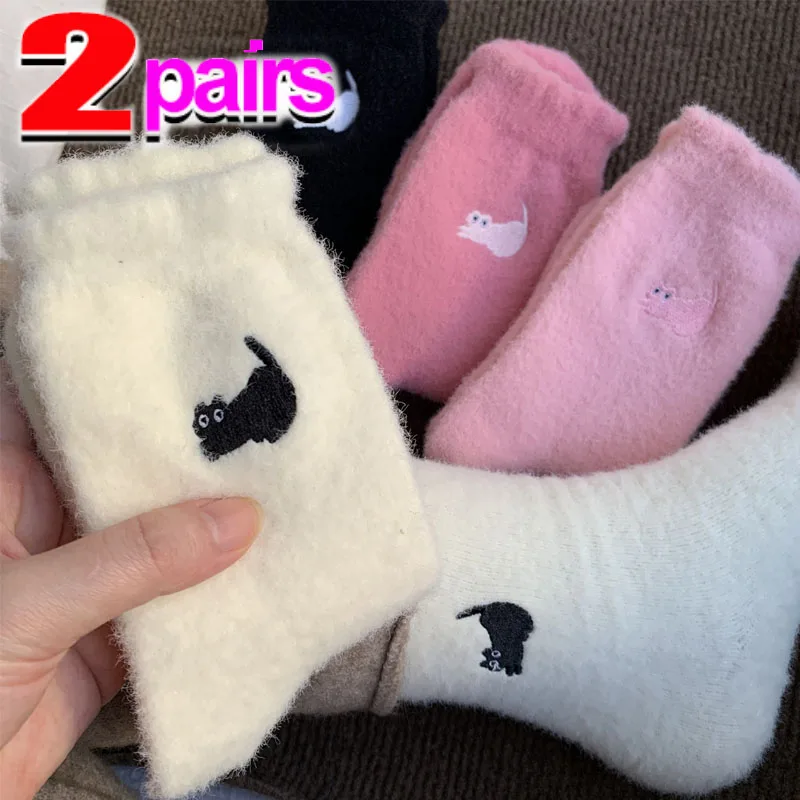 

1/2 пары бархатных носков с милым котом из норки, осенне-зимние утолщенные плюшевые носки средней длины, мягкие теплые пушистые чулки для сна, домашний пол
