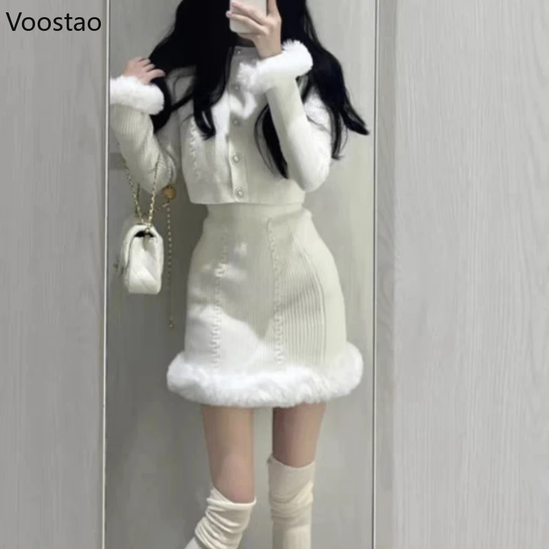 White Sweet Knitted Mini Skirt Set Women Korean Fashion Plush Sweater 2 Piece Sets Female Vintage Elegant Slim Skirt Suit Autumn