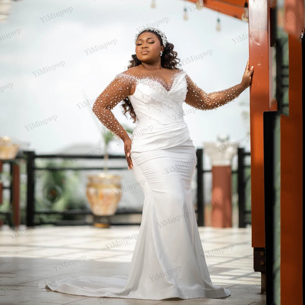 

Customized African Crystals Wedding Dress Illusion Full Sleeve O-Neck Mermaid Rhinestones Bride Gowns Plus Size Customized
