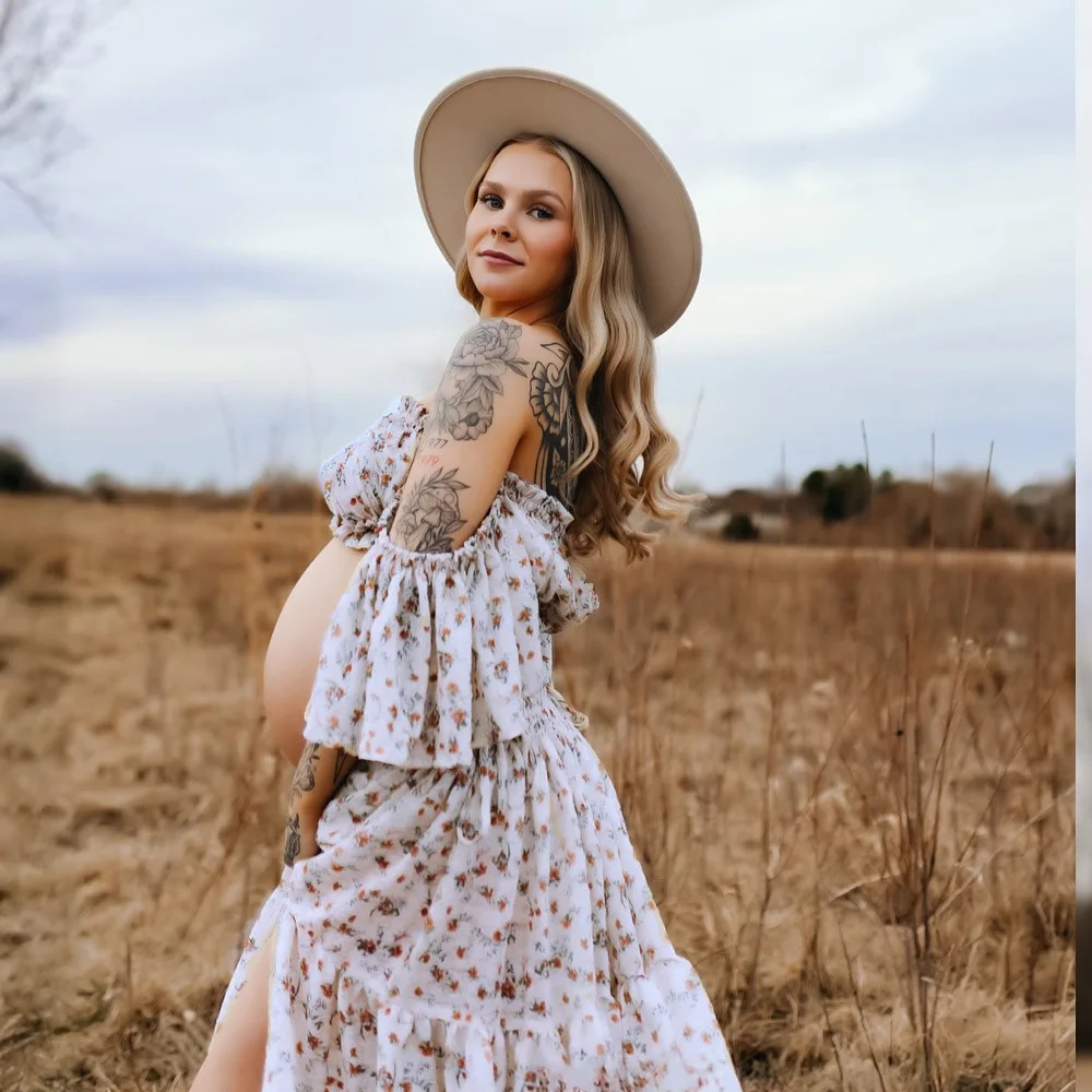 Wrinkled Texture Sweet Print Chiffon Maternity Off Shoulder Top Two-Piece Dress Set Photo Shoot Photography Dress For Women