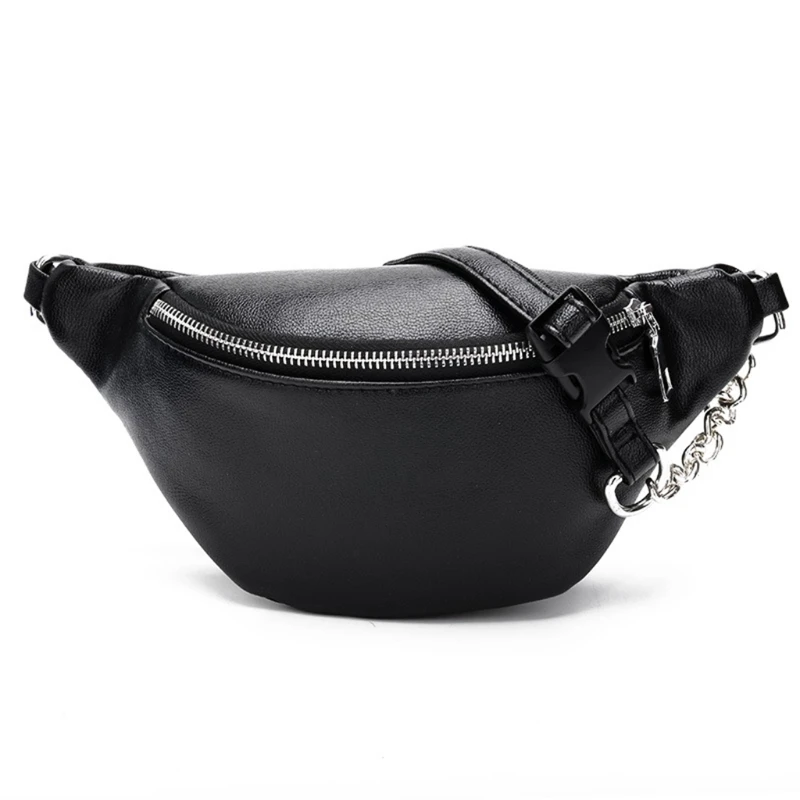 E74B Fashion Leather Waist Fanny Pack Chest Bag Phone Purse with Metal Chain for Wome