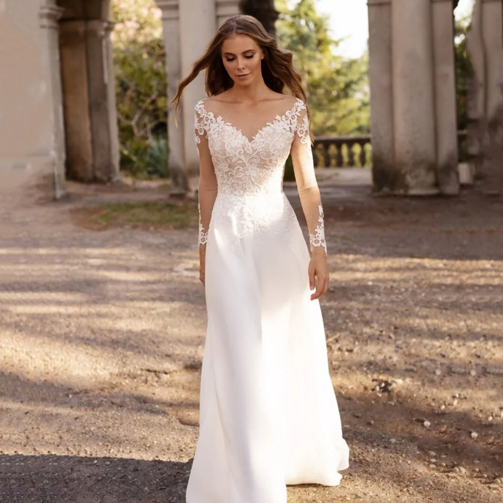 

Elegant Customized Wedding Dresses A Line V Neck Bride Dress Lace Long Sleeves Bridal Gowns Applique Vestidos De Novia