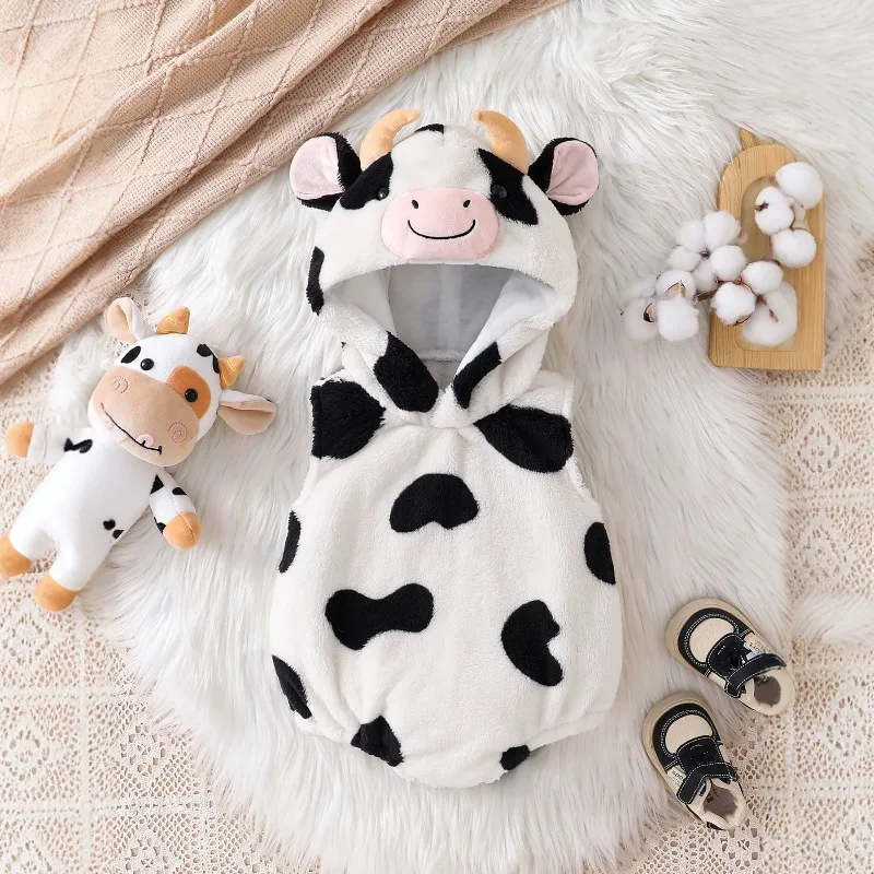 Newborn Infant Baby Boys Girls Cow Hooded Bodysuit Sleeveless Plush Fleece Playsuit with Spots Horns Ears Tail Costume Warm 0 24
