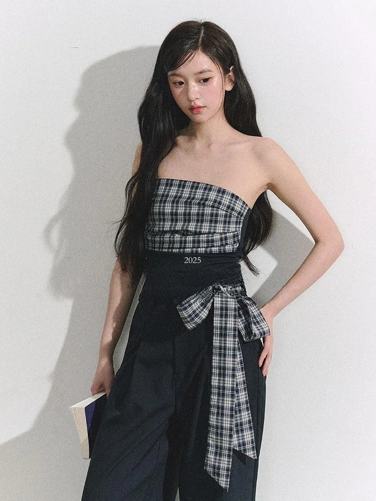 

Комплект из двух предметов OIOI E: топ-бюстье в клетку и широкие брюки, женский свободный комплект с поясом, коллекция Spring Collection