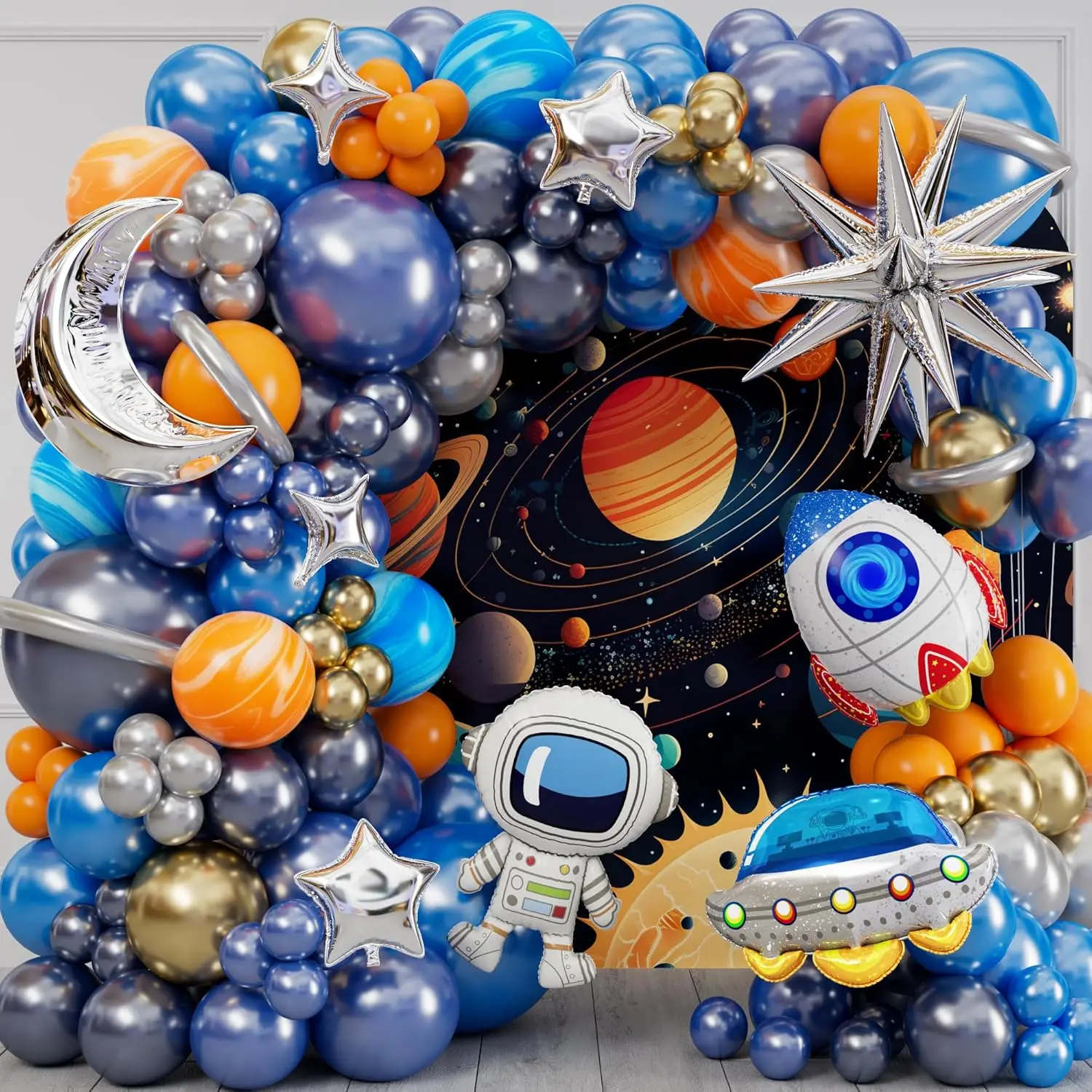 Weltraum Zum Mond Blau Orange Grau Astronaut Rakete UFO Ballon Girlande Bogen-Set für Galaxie-Geburtstagsparty-Dekoration