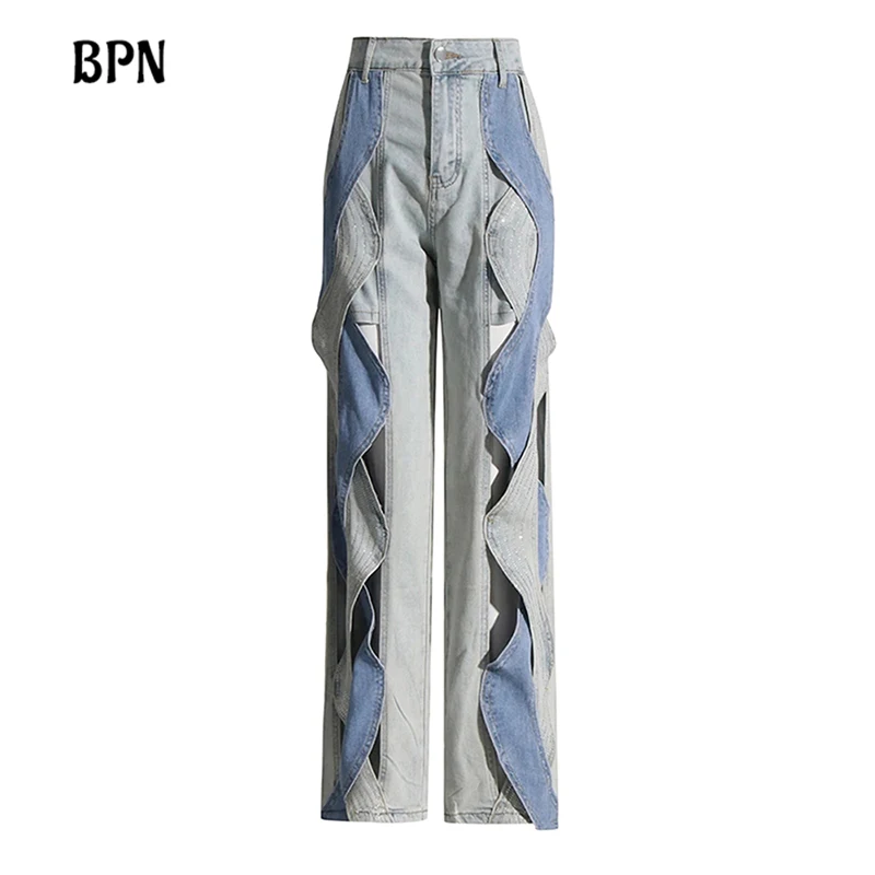 BPN Hit Color Spliced Pockets Hollow Out Jeans For Women High Waist Patchwork Button Loose Denim Wide Leg Pants Female Fashion