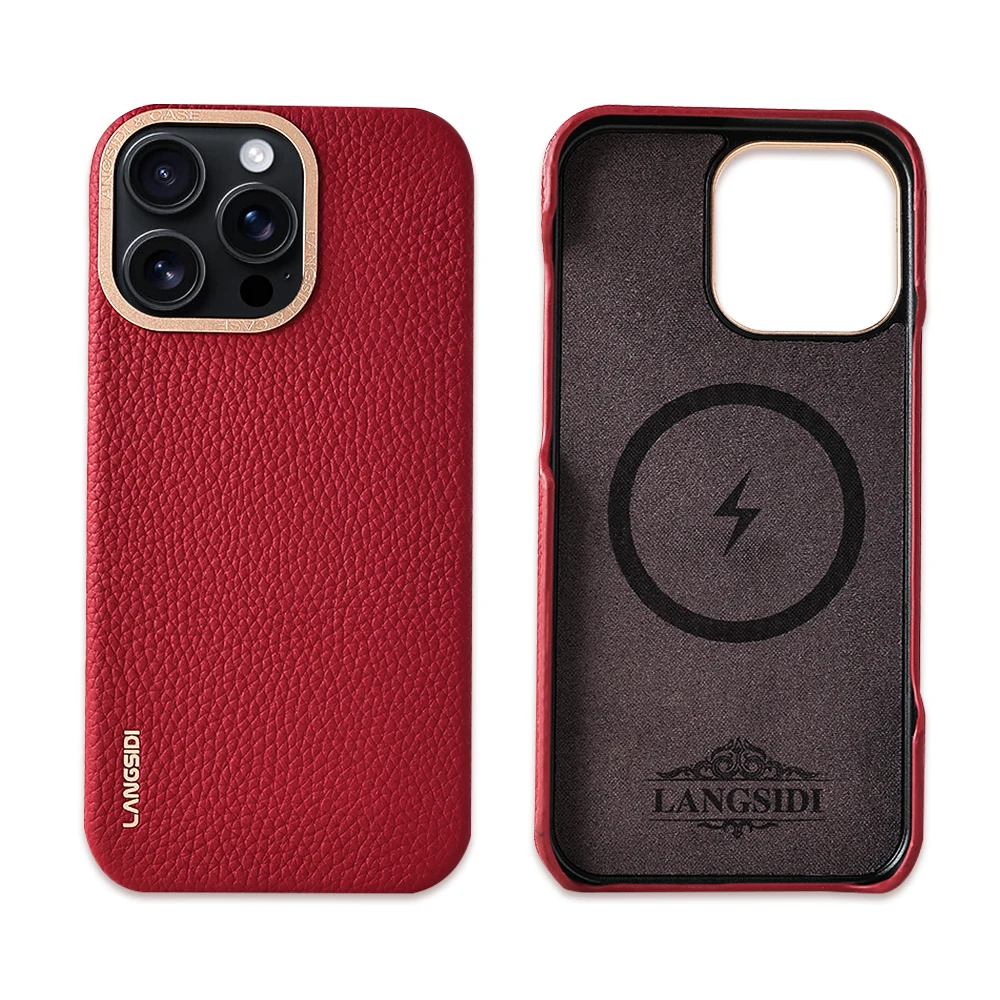 

For Magsafe Case for iPhone 15 16 Pro Max Promax 15Pro Natural Cowhide Lychee Leather with Metal Frame Magnetic Back Cover
