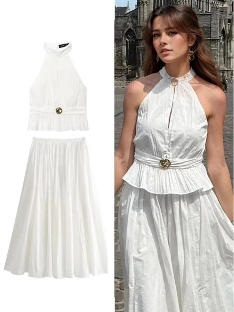 

Elegant White Tank Top Women Fashion Elegant Folded Ruffle Sleeveless Top Summer 2025 New Chic Casual Slim Button Short Tops