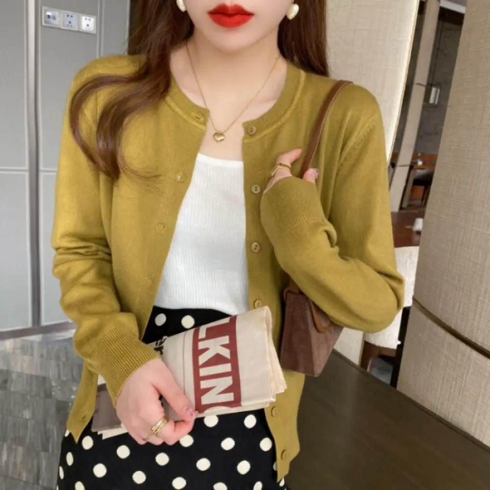 Casual Long Sleeve Knit Cardigan Single Breasted Solid Color Women Sweater O Neck Knit Jacket