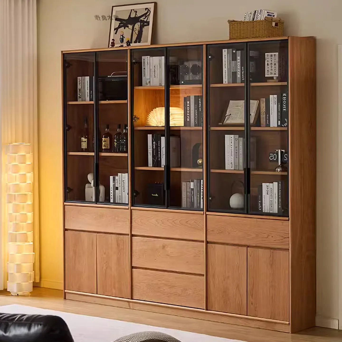 Cherry Wood Bookcase, Wall-to-wall Shelving, Floor-standing Storage Unit, Scandinavian-style Solid Wood Display Cabinet