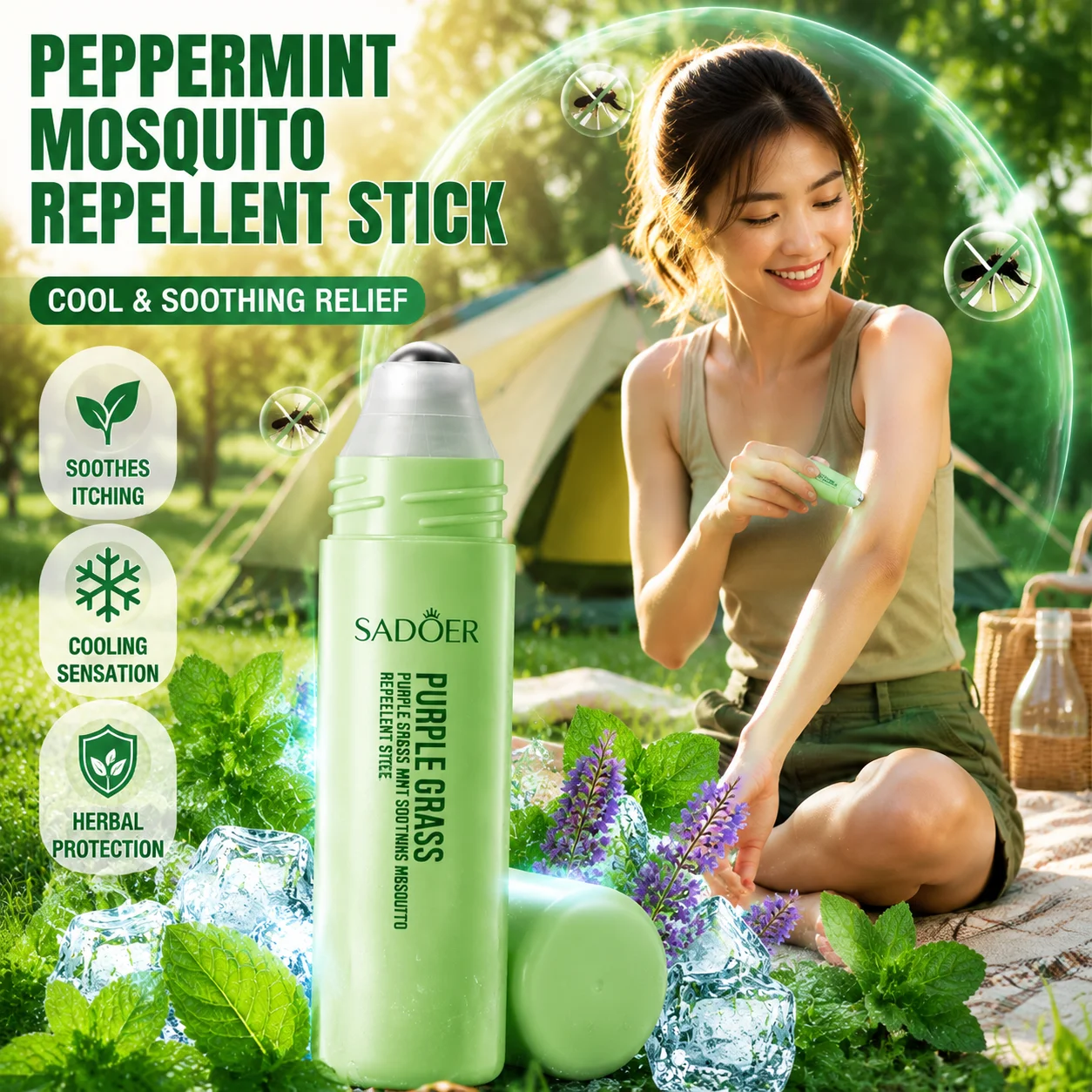 Natural Peppermint Mosquito Repellent Stick Cooling Soothing Anti-Itch Roll On Portable Insect Bite Relief Stick For Outdoor