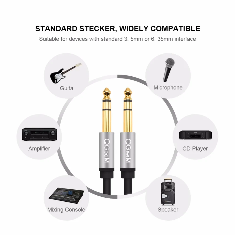 QGeeM 6.5mm 6.35mm kabel Audio Jack 6.35 Jack z męskiego na męskie przewód Aux 1m 2m 3m do gitary wzmacniacz miksujący basu przewód Aux 6.35mm