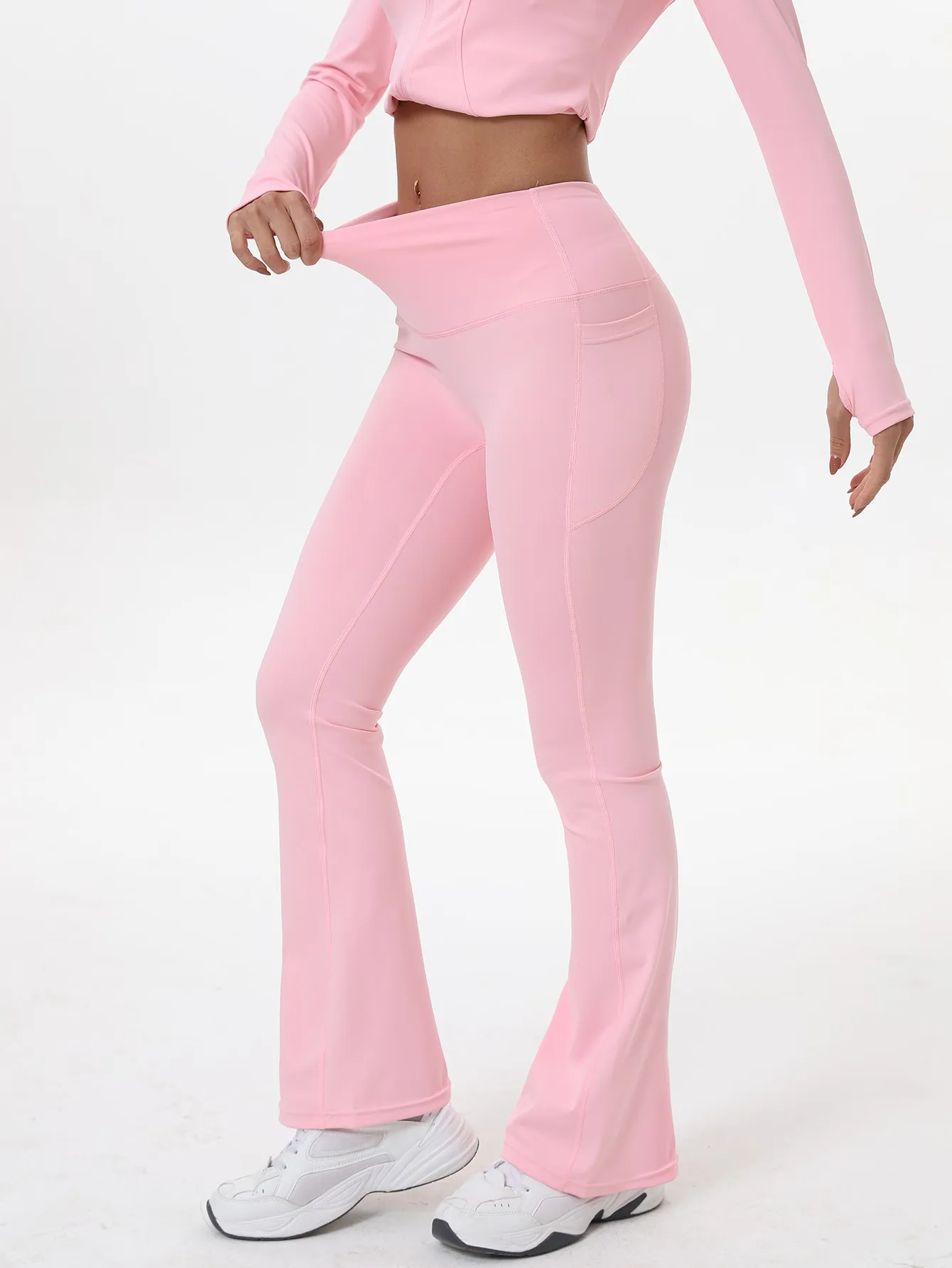 Fitfemme Spring 2Pcs Women's Casual Bell Bottoms Yoga Sport Suit With Pockets High Waist Legging Jacket Running Pants image 3