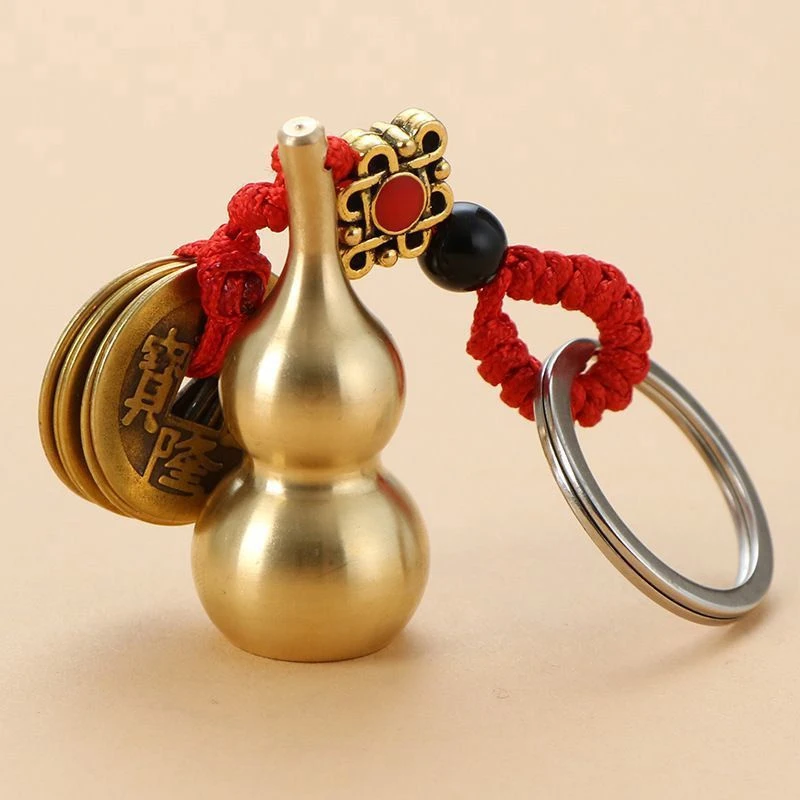 Large Copper Gourd Key Chain With Chinese Feng Shui Coins For Good Luck Fortune Bag Car Key Ornament Keyring