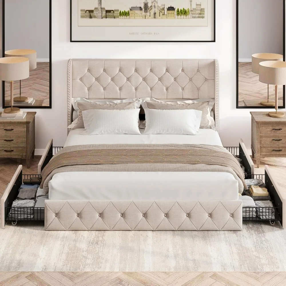 Size Bed Frame with Storage Drawers and Wingback Headboard, Linen Upholstered Platform Bed Frame Tufted Beds with Wood Slats