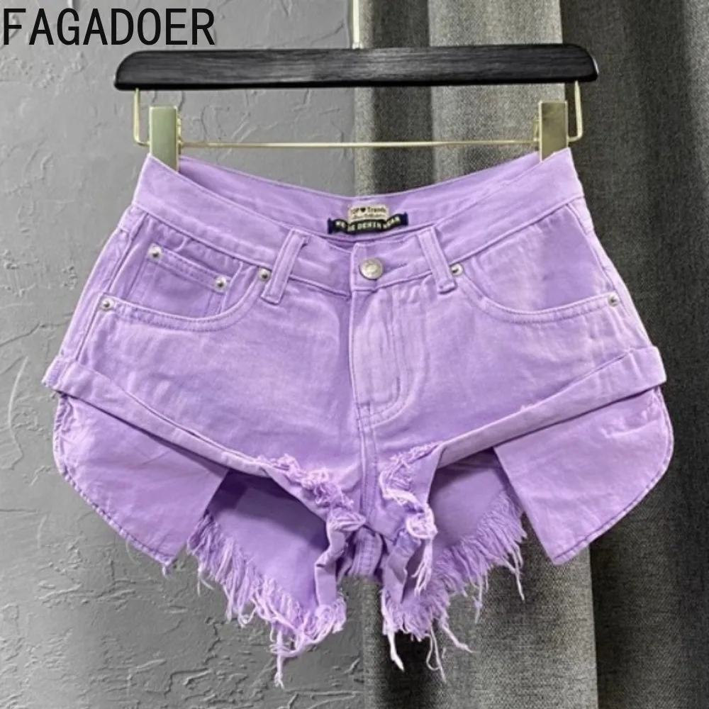 

FAGADOER Sexy Denim Tassel Edge Wide Leg Shorts Women Low-waisted Button Pocket Slim Jean Shorts Fashion Female Cowboy Bottoms