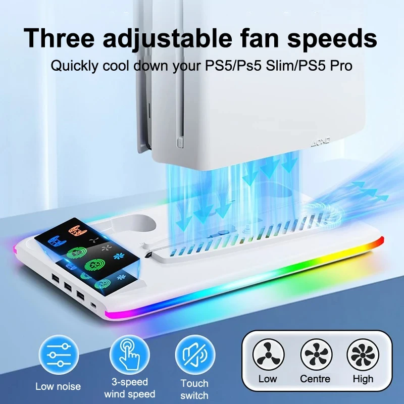 For PS5/PS5 Slim/PS5 Pro Cooling Stand with RGB Lights Controller Charger 3 Speed Fan Dock USB Hub Headphone Hook Gaming Station