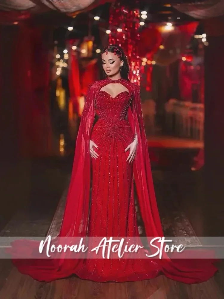 

New Red Luxury Beading Tassel Women's Wedding Dresses 2025 Cape Sleeves Dubai Celebrity Dress Train Mermaid Prom Gown Customized